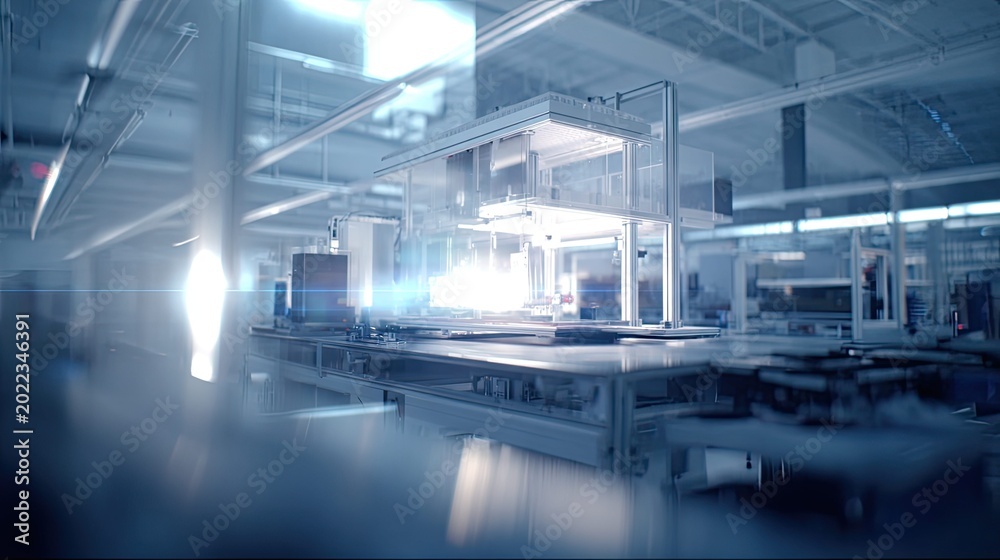 Naklejka premium Manufacturing line showing robotic machinery and automated processes within a modern production facility, highlighting precision engineering and efficient industrial operations