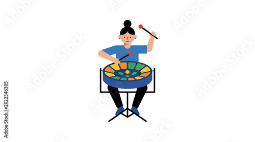 Obraz na płótnie A young person playing a colorful steel drum instrument.