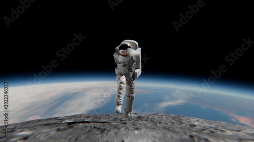 Astronaut Jumping On Moon Surface With Earth Background Space Animation