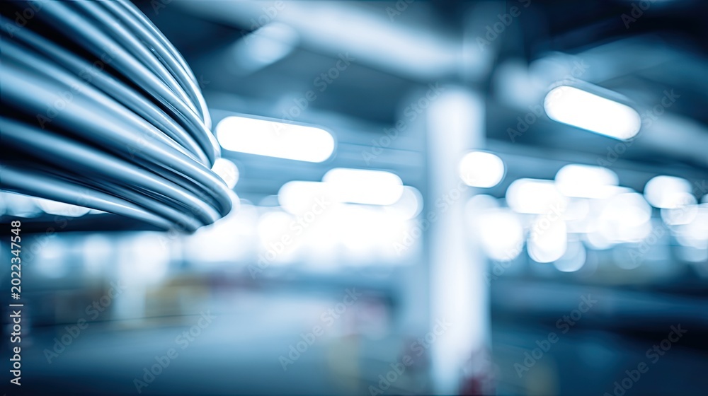 Fototapeta premium Metallic pipes forming an abstract detail of unseen industrial architecture, highlighting modern technology, engineering, and manufacturing with a cool blue bokeh background