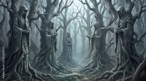 Cloaked statuesque figures merged with gnarled tree trunks in a foggy woodland. Fantasy concept of forest spirits or guardians.
