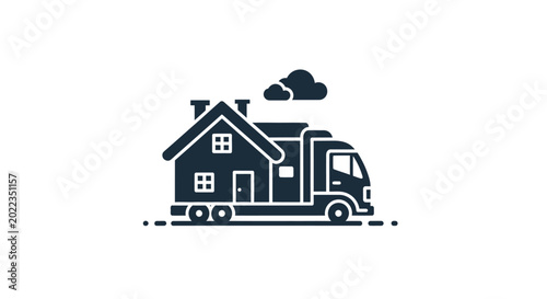 Minimalist vector icon of a house being transported on a moving truck.