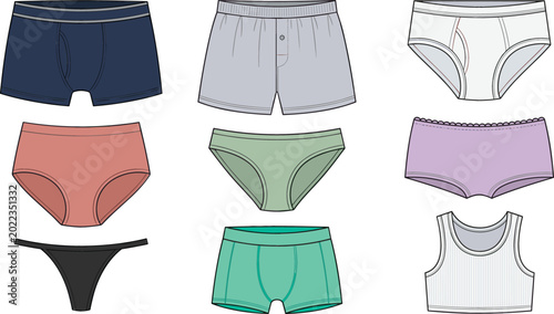 Men and Women Underwear Collection Vector Illustration Featuring Boxer Briefs Panties Shorts and Tank Top Lingerie