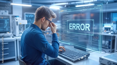 IT professional rubbing eyes while facing critical system error on digital display. Troubleshooting software bugs in modern server room.
