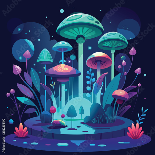 Foto glowing mushrooms in a fantastical forest vector illustration