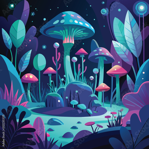 Bild auf Leinwand glowing mushroom forest digital illustration in dark blue and teal