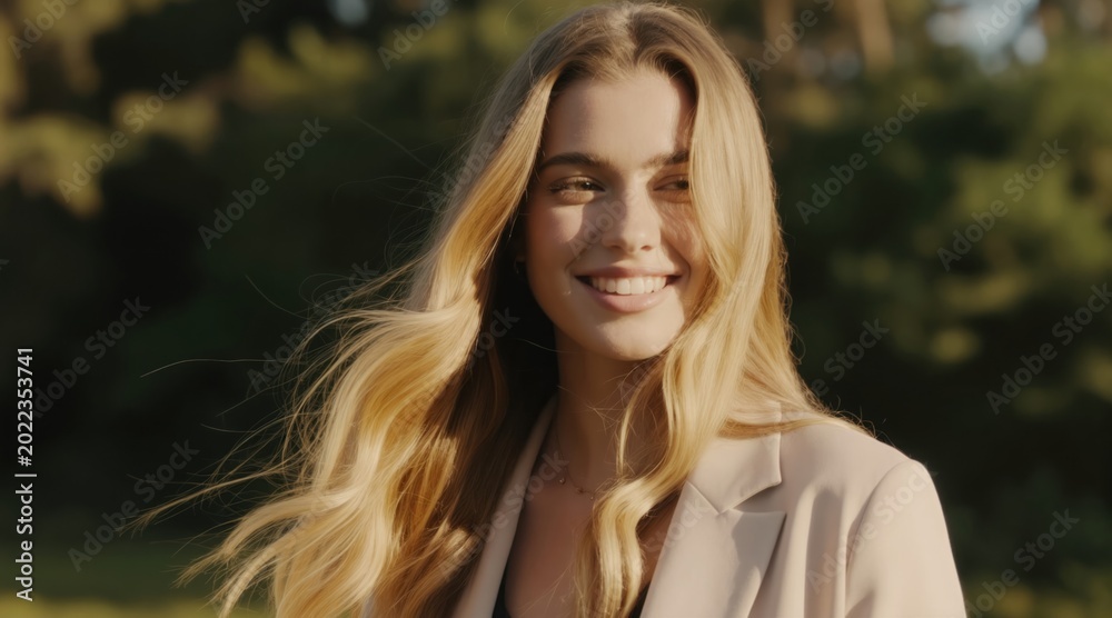 Naklejka premium Blonde woman smiles outdoors with long wavy hair blowing in breeze. She wears a light jacket and necklace, looking to side. Natural light illuminates her face. Park background with green trees.