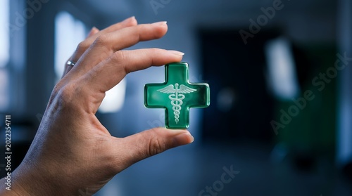 Close up of hand holding green medical cross symbol with caduceus health sign