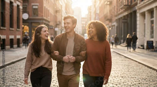 Happy young adults walking on urban street enjoying casual conversation and sunlight