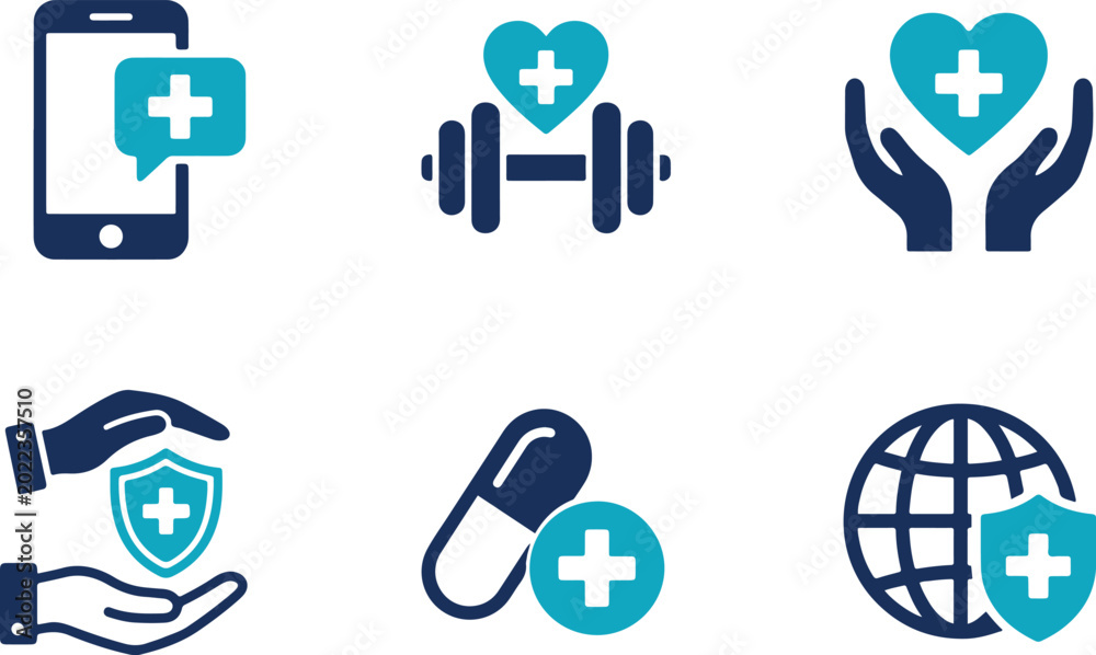 Fototapeta premium Healthcare and Wellness Icon Set featuring Medical Shield, Fitness Barbell, and Telehealth