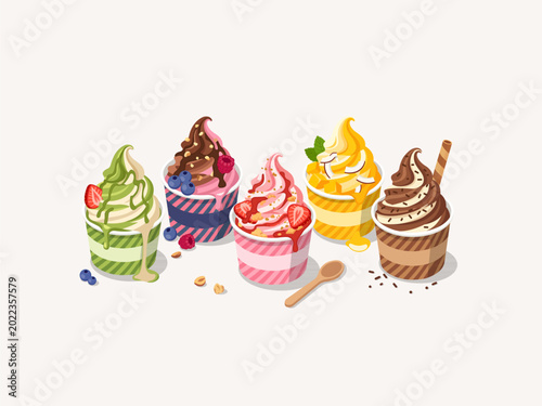 Collection of Various Flavored Soft Serve Ice Cream Cups with Toppings