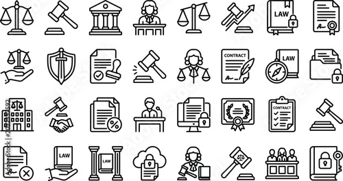Tableau sur toile Legal system icons set justice law court and contract line art collection