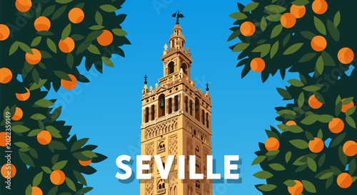 Foto Seville vector illustration of Giralda tower framed by orange trees and ripe ora