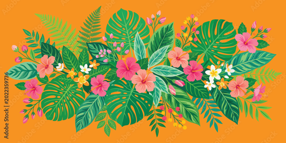 Obraz premium Vibrant tropical floral arrangement with pink flowers and green leaves on orange background