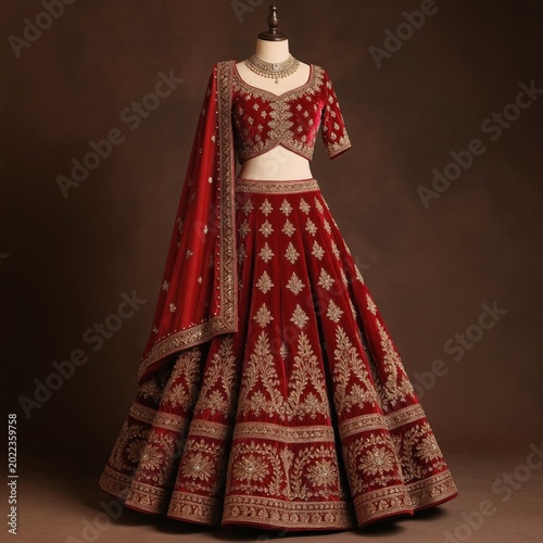 Ornate red Indian bridal lehenga choli with intricate gold embroidery. Full skirt, fitted blouse, and sheer dupatta displayed on mannequin. Elegant traditional wedding attire with rich textile detail.