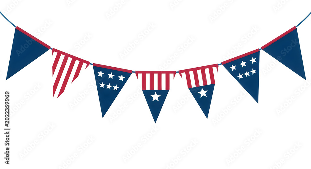 Obraz premium String of decorative bunting flags with stars and stripes pattern hanging outdoors