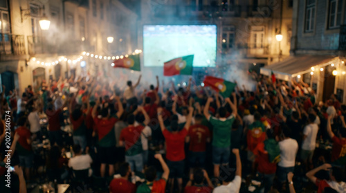 Fans with Portugal flags in outdoor cafe square watching football match intentationally blurred background for sports celebration concept