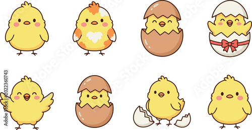 Canvas Print Cute Baby Chick Collection with Easter Eggshell Characters, Kawaii Spring Birds,