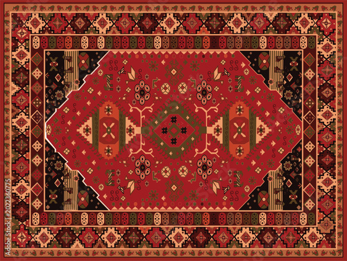 High-resolution vintage Persian tribal vector pattern in warm terracotta earth tones engineered with modular global color swatches for easy interior staging customization.
