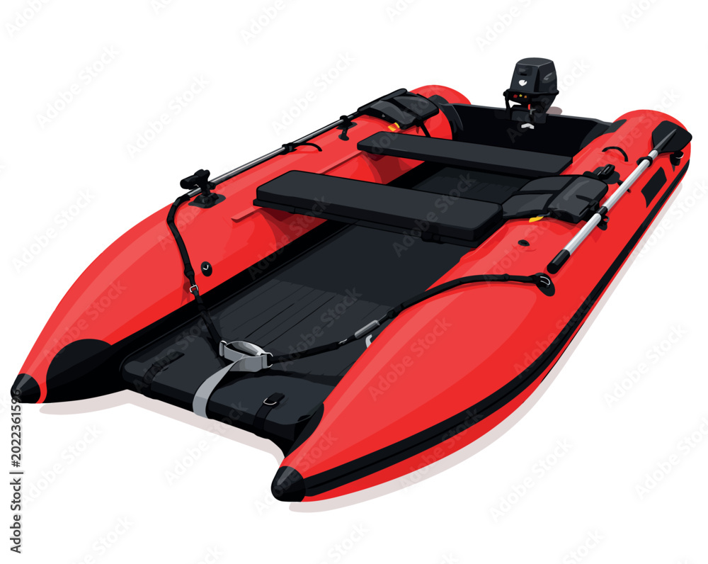 Naklejka premium Vsai red inflatable boat with outboard motor ready for water activities
