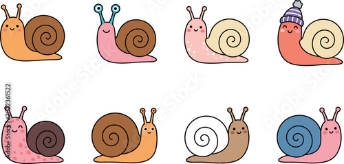 Tableau sur toile Cute Cartoon Snail Collection with Colorful Spiral Shell Characters, Funny Garde