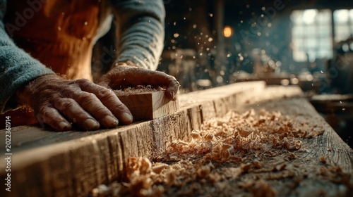 Close up of craftsman hands working with wood and flying sawdust in a rustic workshop