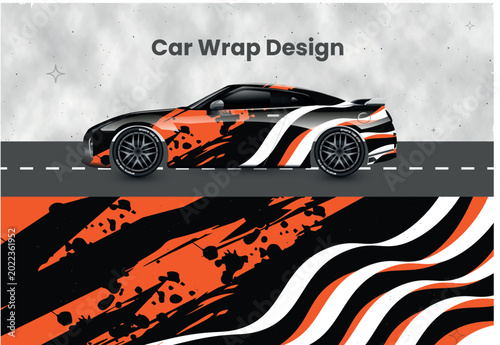 Abstract racing car wrap with wavy stripes and orange paint splatter vector
