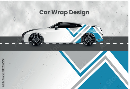 Minimalist racing car wrap with teal geometric V-shapes and grey stripes vector
