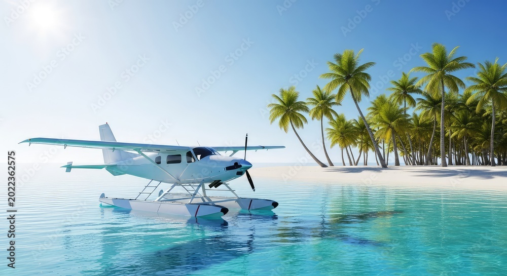Naklejka premium A sleek white seaplane floats on calm turquoise water near a white sand beach lined with palm trees under a bright tropical sun in paradise, paradise, ocean, bay