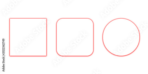 Set of three geometric shapes with red glowing neon borders isolated on transparent background