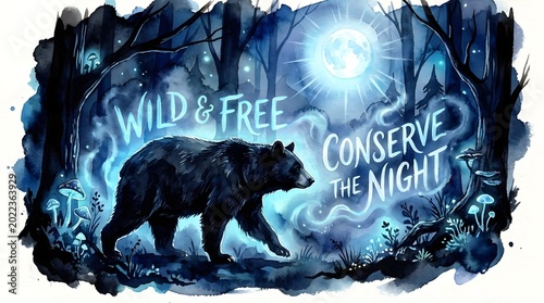 Moonlit Watercolor Black Bear Poster with Glowing Forest, Ink Shadows, and Mist-Embedded Typography