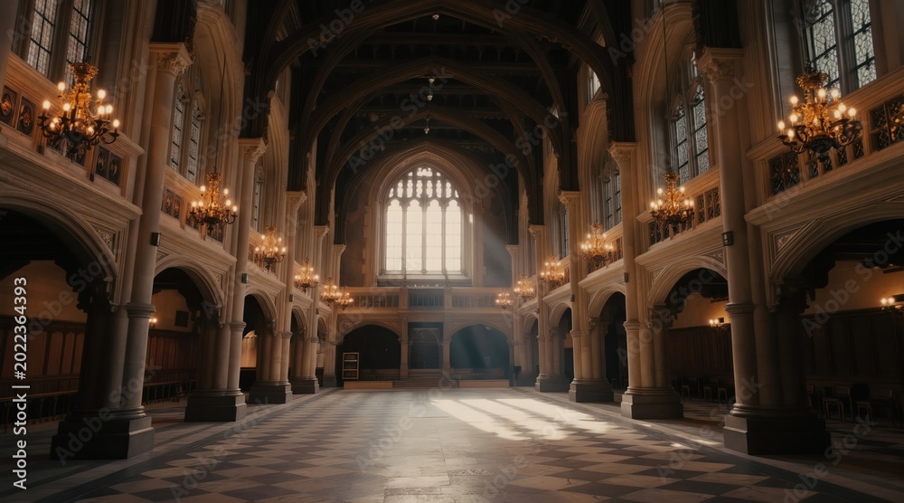 Obraz premium Grand medieval hall interior with high arched ceiling and large gothic window. Ornate chandeliers illuminate stone columns and checkered floor. Empty building awaits royalty.