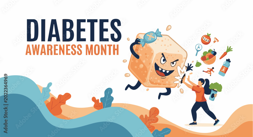 Fototapeta premium Cartoon sugar cube fighting healthy food for Diabetes Awareness Month in colorful playful illustration for health campaign