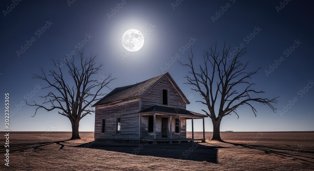 Naklejka premium A weathered wooden farmhouse stands alone in a desolate field under the glow of a full moon, surrounded by shadows and gnarled dead trees, dwelling, mystery, night