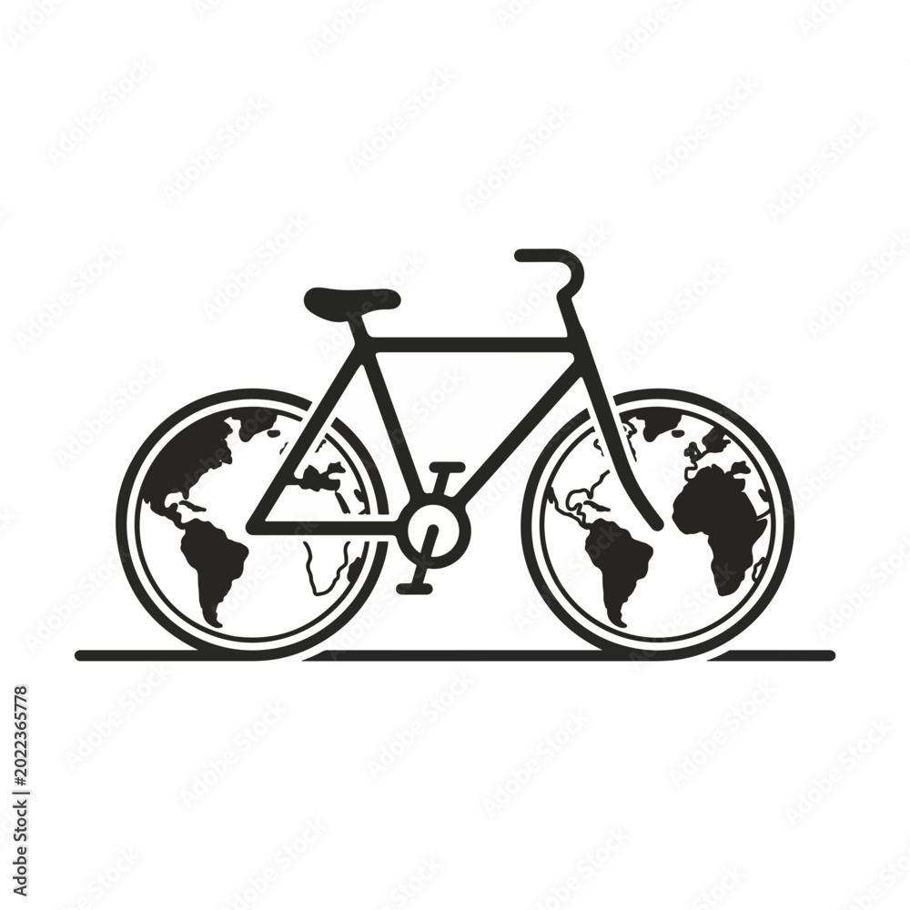 Fototapeta premium Eco-Friendly Bicycle with World Map Wheels Icon