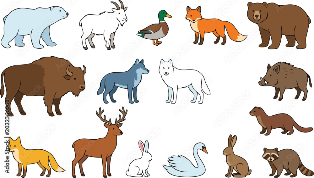 Obraz premium Wild forest animals cartoon set including bear, fox, deer, wolf, rabbit, duck and bison, cute wildlife vector illustration collection for kids education and nature design