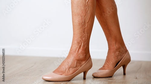 Elderly woman legs with varicose veins and phlebitis in high heel shoes