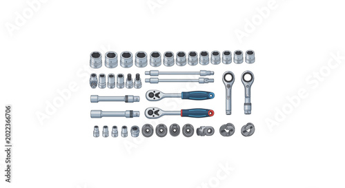 Foto Flat lay of assorted tools and hardware on a plain white background, including wrenches, pliers, and bolts, arranged neatly in rows