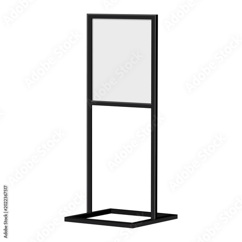 Black metal poster stand mockup isolated on white background, side view. Realistic vector template for advertising, branding and retail display design