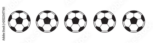 Foto Row of identical black soccer balls isolated on transparent background vector graphic for design