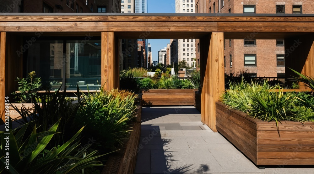 Fototapeta premium Modern rooftop garden with city skyline view. Green plants in wooden planters create relaxing urban oasis. Outdoor living space for city dwellers, sustainable agriculture.
