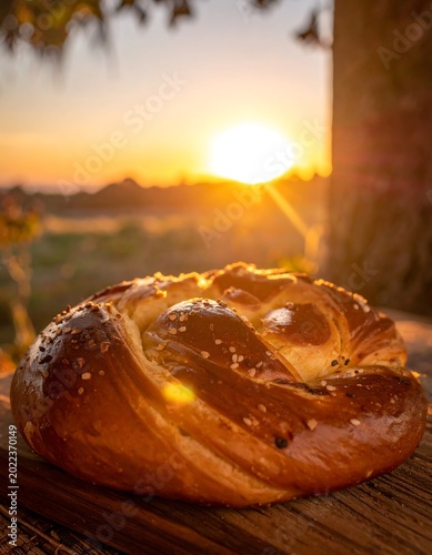 Golden Pretzel at Sunset on Wooden Table.