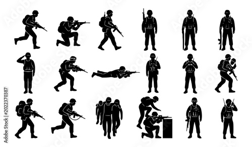 Foto Military soldier silhouette vector set with army troop battlefield poses