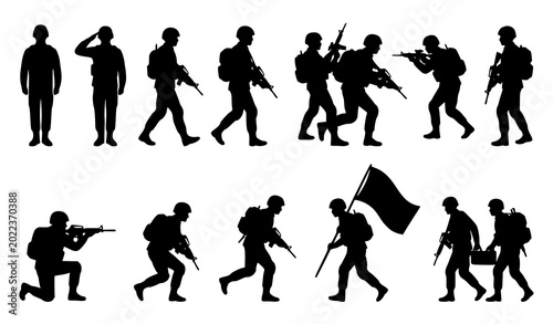 Tableau sur toile Minimal army soldier silhouette collection with military troop vector illustrati