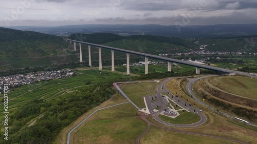 Aerial view of the moselle bridge with vineyards and parking lot