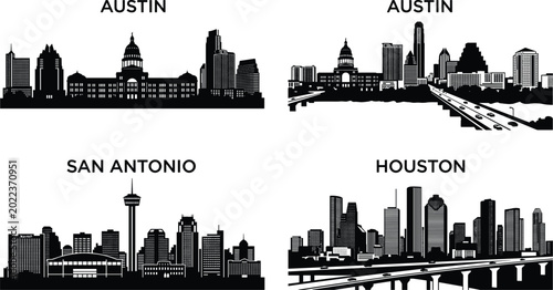 Set of black and white Texas city skyline silhouettes featuring Austin, San Antonio, and Houston urban landscapes and landmarks.