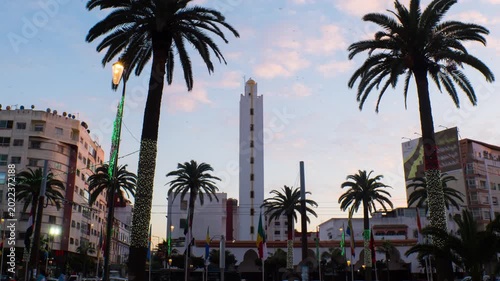 Casablanca, Morocco. View of Mosque Al Yassir in Casablanca, Morocco. Time-lapse from evening to night, zoom in