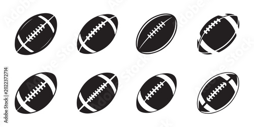 Photos Set of eight black football icons with white laces on a transparent background