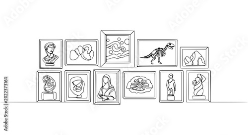 Vászonkép Art Gallery Wall Display - Sketches of Sculptures, Paintings, and Dinosaur Skele