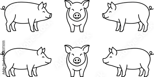Tableau sur toile Cute Pig Farm Animal Outline Icon Set with Cartoon Swine Characters, Livestock I